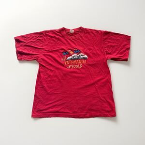 Shangri-La Men's Red Embroidered Kathmandu Nepal Graphic Tee - 46